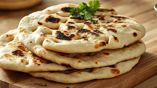 Close up of freshly baked, golden brown naan bread on a wooden cutting board.