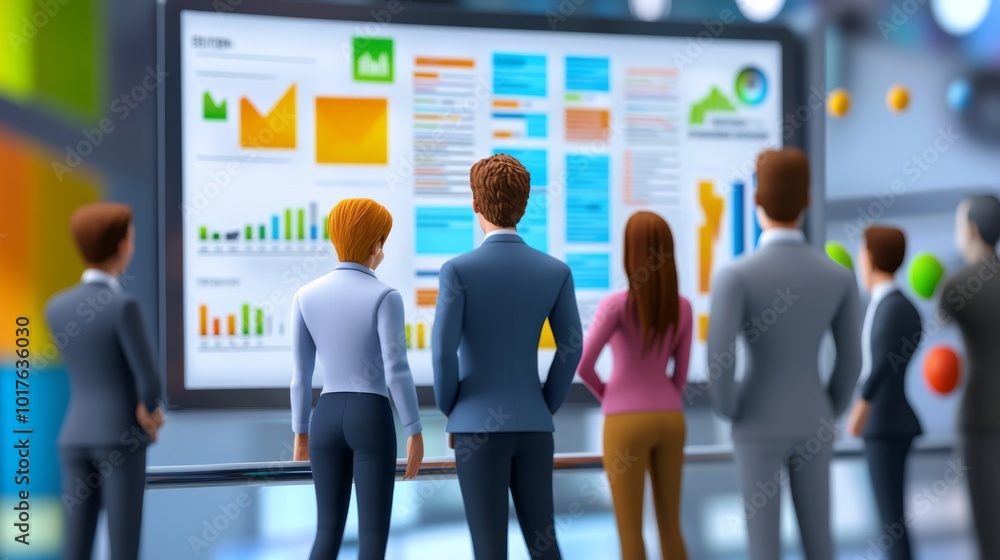 Poster a group of professionals observes data visuals on a large screen during a presentation, illustrating