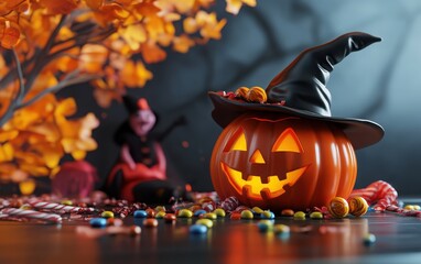 Modern 3D digital Halloween party table decoration featuring candy and a Jack-o'-lantern pumpkin head, with a witch in the background