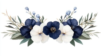 Elegant floral arrangement with navy and white blooms on a white background.