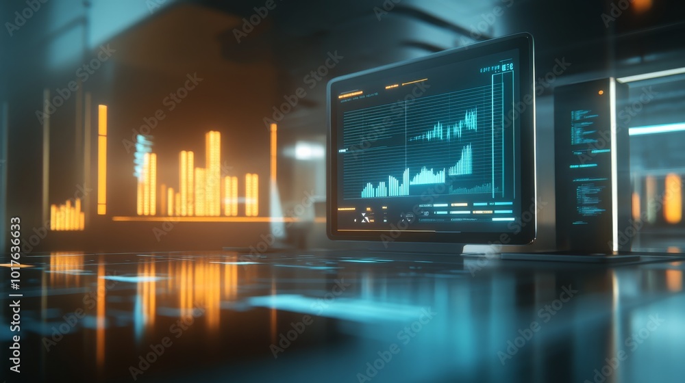 Poster a futuristic workspace featuring a monitor displaying financial data with glowing bar charts and gra