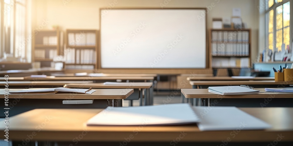 Poster A classroom setting with empty desks and a whiteboard, suggesting a learning environment.