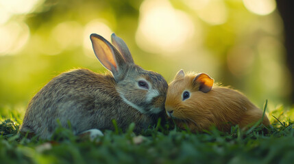 Fototapeta premium A rabbit and a guinea pig snuggling together, lying on a patch of grass, their bodies close in a warm hug