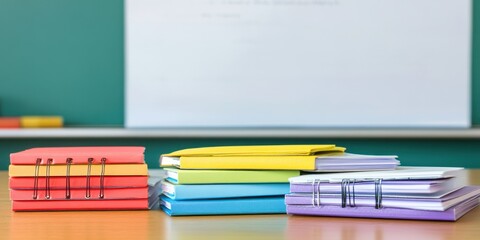 A stack of organized folders in various colors on a desk in a classroom setting.