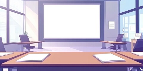 A modern conference room with a blank screen and minimalistic furniture.