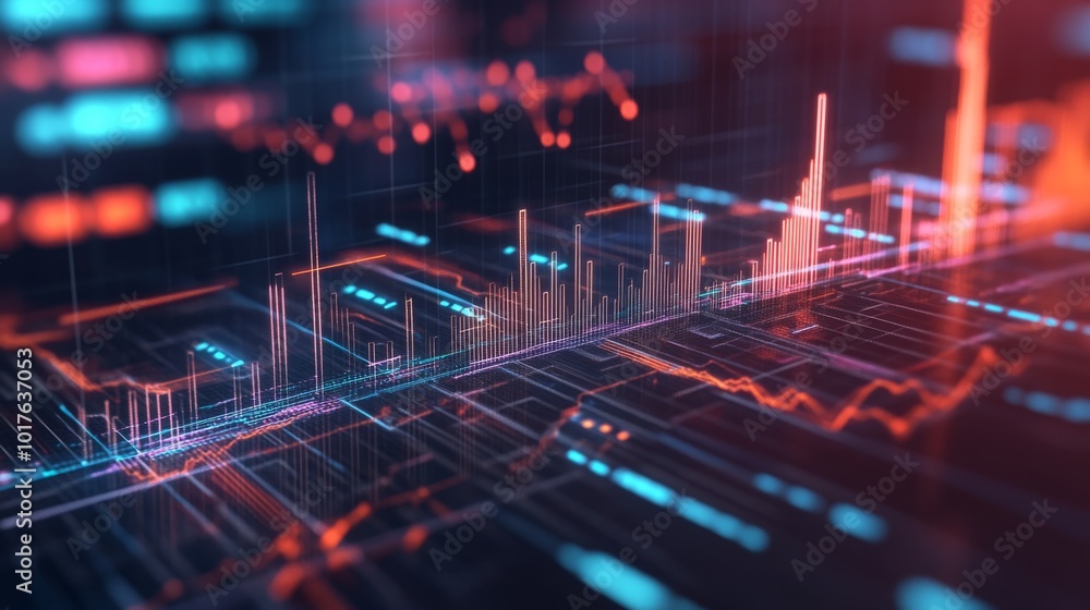 Poster a vibrant digital representation of data analytics, showcasing fluctuating graphs and colorful metri