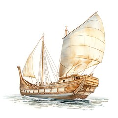 Naklejka premium Ancient Wooden Sailboat with White Sails on the Ocean.