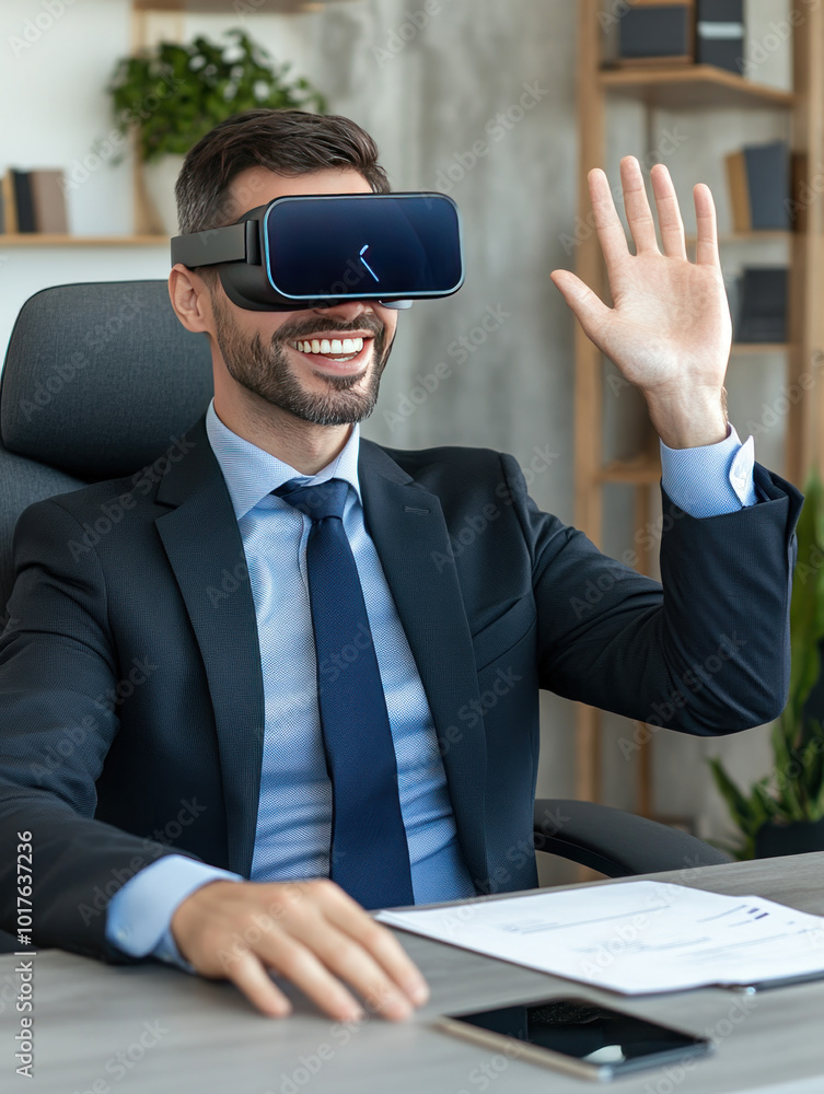 Poster A man in a suit using virtual reality glasses while sitting at a desk, smiling and waving.