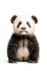 A panda standing, isolate on white background, showcasing its unique black and white fur patterns.