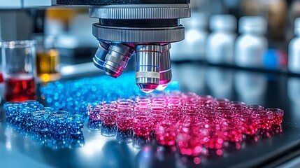 A microscope over colorful liquid samples in a laboratory setting.