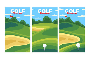 Fototapeta premium golf course with sand trap, ball on tee, hole and flag vertical oriental background vector illustration collection for golf club sport and tournament banner, poster, flyer, wallpaper and any media