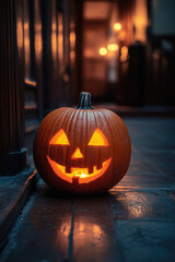 Fototapeta premium A pumpkin with a smiley face on it is lit up. The pumpkin is placed on a wooden floor