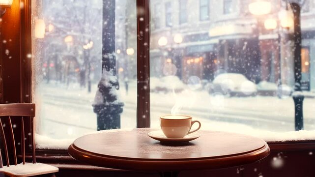 Steaming coffee cup on table by window with view of snow-covered street during heavy snowfall. Cozy winter caf&eacute; concept. Seamless time-lapse animation video background