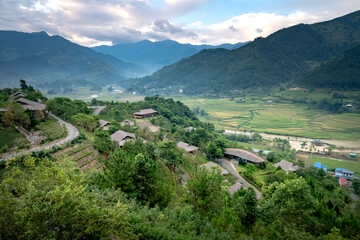 Fototapeta premium Le Champ Tu Le Resort - September 19, 2024: Admire the beautiful Le Cham resort in Tu Le commune, Van Chan district, Yen Bai province, Vietnam