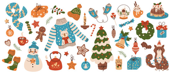 Christmas season festive symbols flat color vector objects set. New year decorations and accessories illustrations on white background