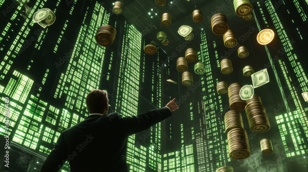 Poster a suited figure gestures towards a digital landscape filled with floating currency symbols and matri