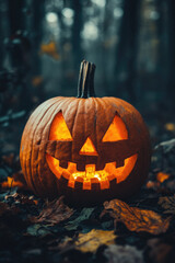 A pumpkin with a smiley face carved into it sits on the ground. The pumpkin is orange and has a light inside, making it look like it's smiling. The scene is set in a forest