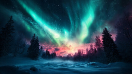 A peaceful Finnish winter landscape with the Northern Lights glowing above a snow-covered forest.