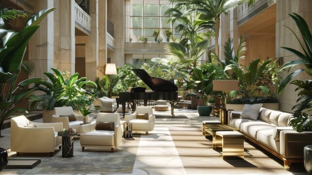 Exquisite Atrium Oasis Luxurious Hotel with Lush Greenery Elegant Seating and Grand Piano