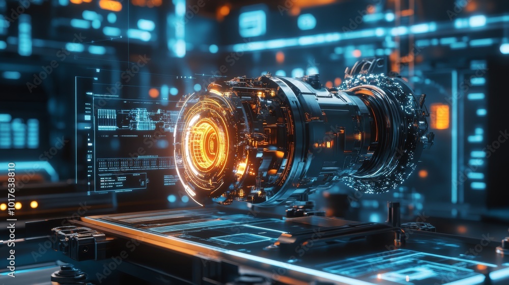 Poster a futuristic, glowing device sits on a control panel against a backdrop of intricate digital circuit