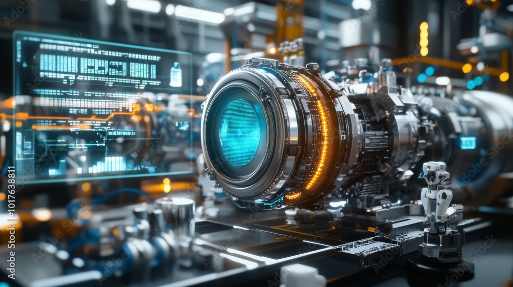 Poster a futuristic mechanical device with glowing components and digital screens, showcasing advanced tech