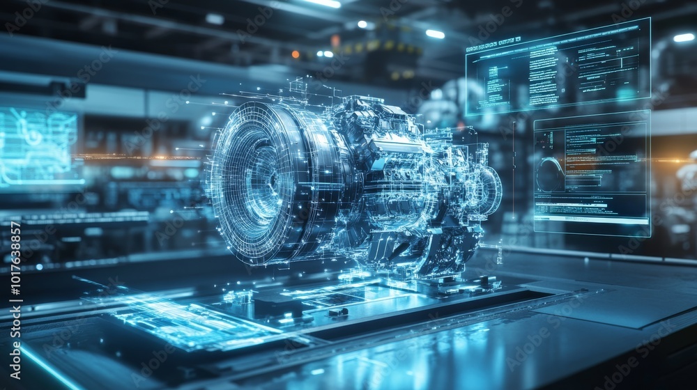 Poster a futuristic holographic engine displayed on a digital interface, showcasing advanced technology and