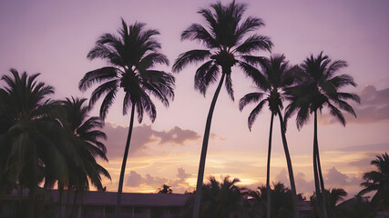 A peaceful tropical sky at dusk, with the sun setting behind a row of palm trees and the sky turning shades of purple and gold
