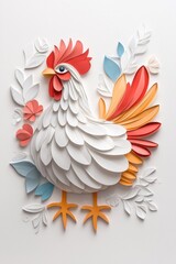 A multicolored paper art design featuring a chicken, isolate on white background, with intricate layers and textures.