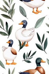 Fototapeta premium A vibrant watercolor seamless pattern of ducks, isolate on white background, with soft brushstrokes and bright hues.