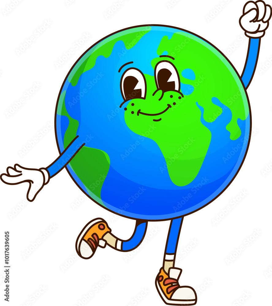 Poster earth solar system groovy planet character. isolated cartoon vector friendly space object with retro