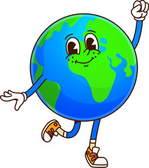 Earth solar system groovy planet character. Isolated cartoon vector friendly space object with retro, playful, energetic 60s and 70s vibes, wearing sneakers, ready for teaching children in a fun way