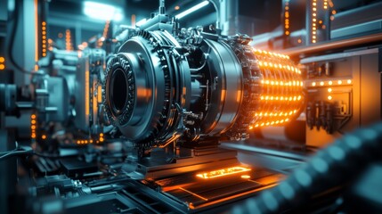 Obraz premium A futuristic engine showcased with glowing elements and intricate machinery, emphasizing advanced technology and design.