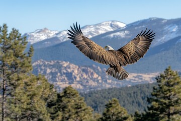 Fototapeta premium Eagle soaring over mountainous landscape with trees.