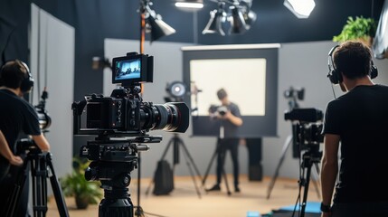 A small business video production studio with a team setting up cameras and lighting, professional atmosphere with high-end equipment