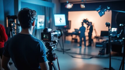 A small business video production studio with a team setting up cameras and lighting, professional atmosphere with high-end equipment