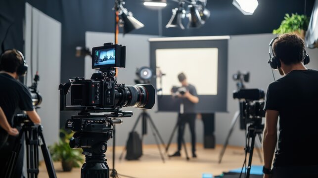 A small business video production studio with a team setting up cameras and lighting, professional atmosphere with high-end equipment
