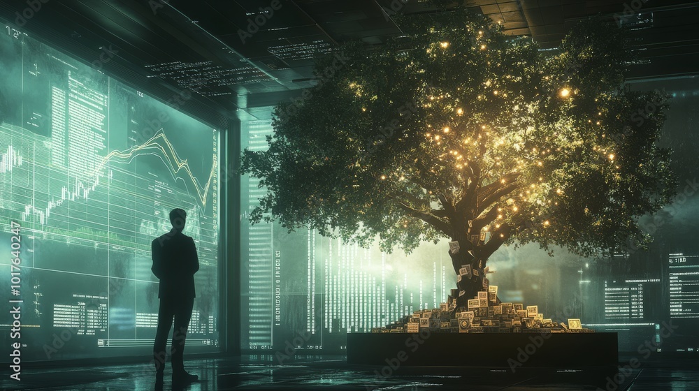 Poster a person stands beside a glowing tree in a futuristic setting filled with digital graphs and lights,