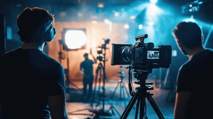 A small business video production studio with a team setting up cameras and lighting, professional atmosphere with high-end equipment