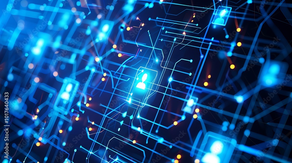 Poster abstract digital network connection concept with glowing blue lines and icons representing data tran