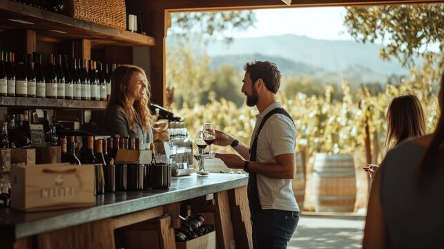 A small business winery with a sommelier explaining wine to customers, rustic yet elegant tasting room, vineyard in the background