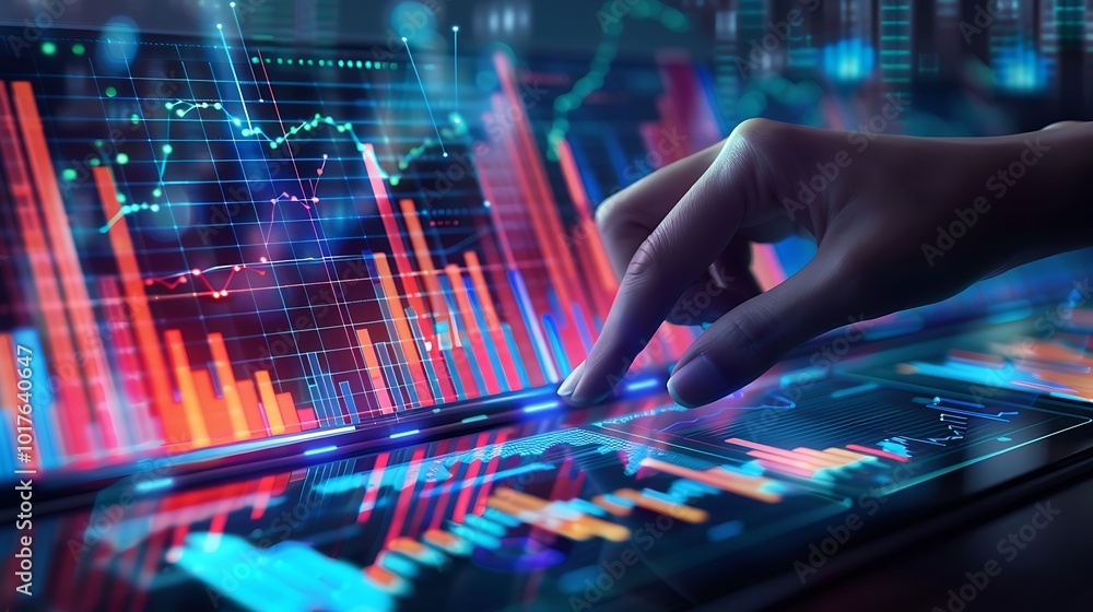 Poster hand interacts with a digital screen displaying data visualizations and charts, representing concept