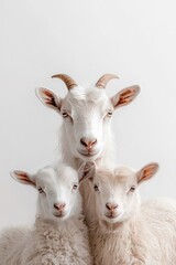 Fototapeta premium A family of goats, isolate on white background, standing together with gentle expressions.