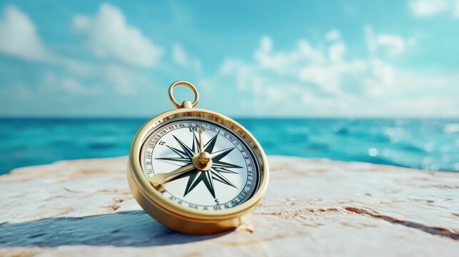 Vintage Compass on Stone with Ocean Background