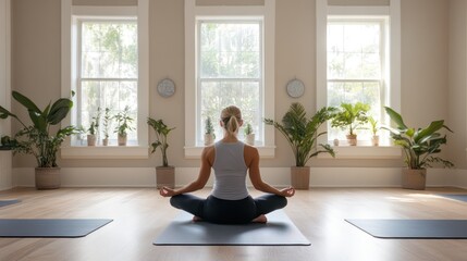 A small business yoga studio with an instructor leading a peaceful class, natural light and soft colors creating a calming environment