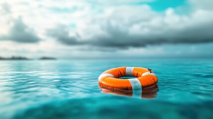 Obraz premium Bright Orange Lifebuoy Floating in Calm Ocean Waters
