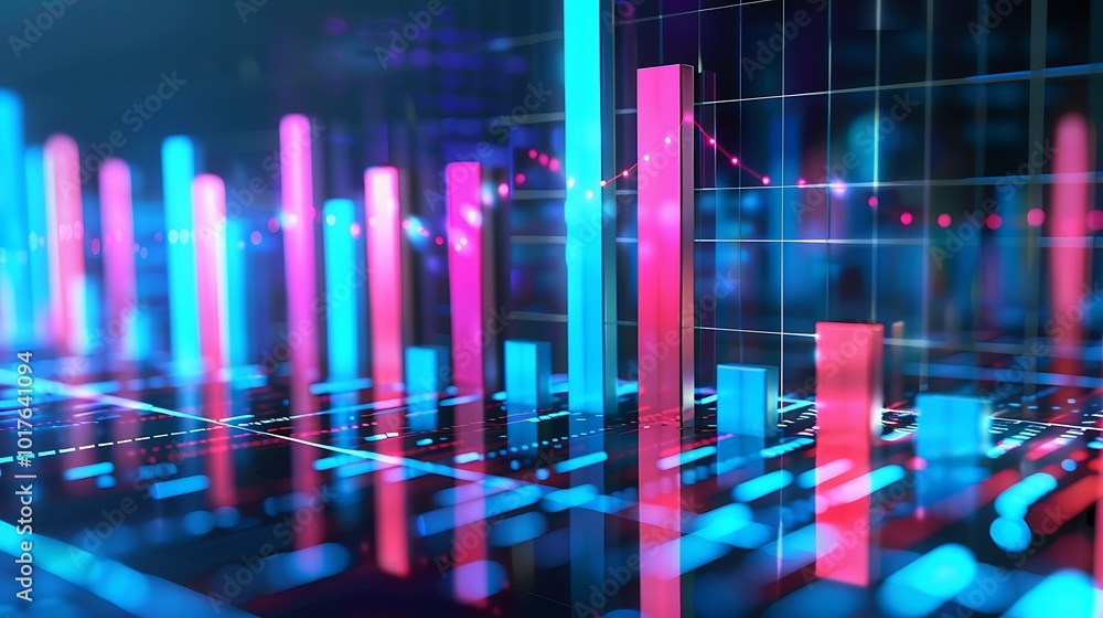 Poster abstract representation of business data using a 3d bar graph with a neon glow effect.