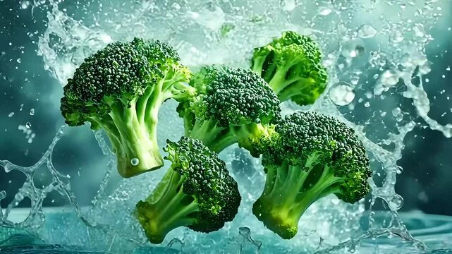 Green broccoli florets splashing into a pool of water, creating an abstract pattern of water droplets.