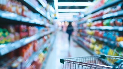 Blurry image of a grocery store aisle with shelves full of products, a shopping cart in the foreground, and a customer in the background.