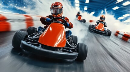 Obraz premium Go-kart racing on an indoor track with drivers in motion and splashing water.