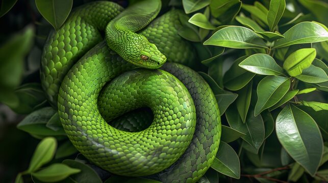 Vibrant green tree python is coiled amidst a backdrop of lush, verdant leaves, showcasing the beauty and mystique of this captivating reptile